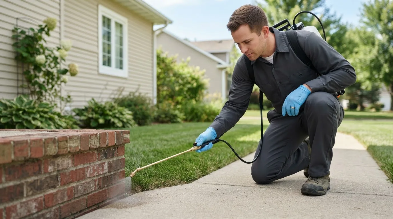 Pest control technician treating a home near Sharps, VA