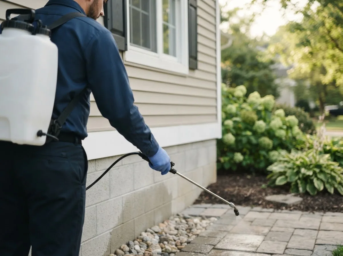 Pest control technician inspecting a home in Sharps, VA